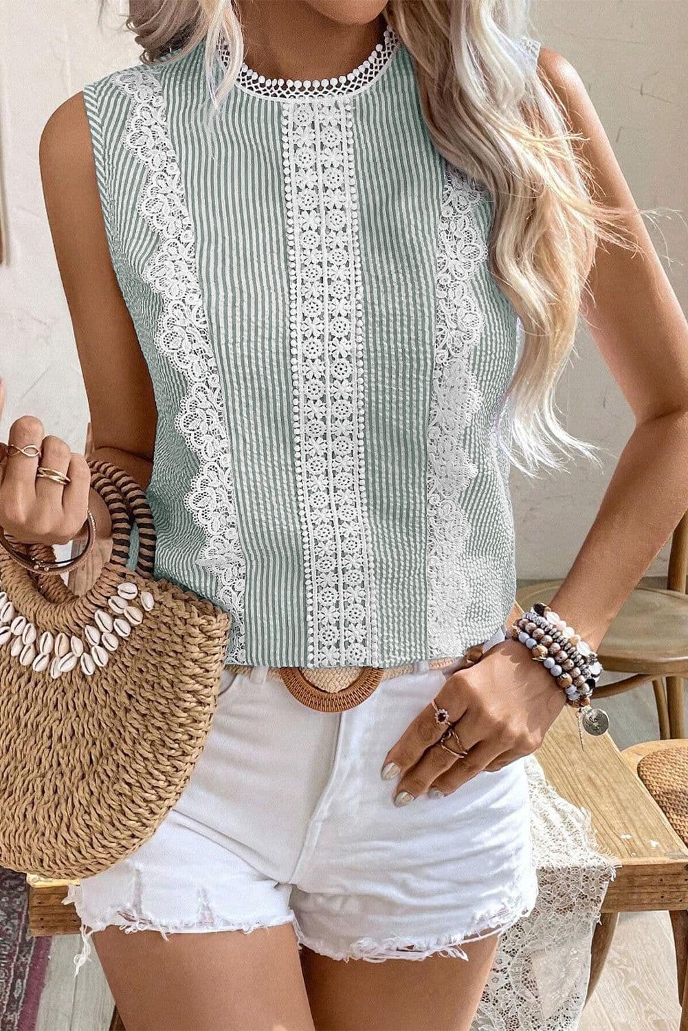 image-Sky Blue Stripe Lace Tank Top Crew Neck