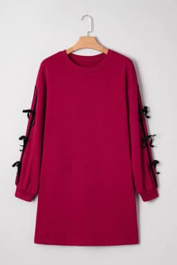 image-Racing Red Contrast Striped Bow Detail Drop Shoulder Sweatshirt Dress with Pockets