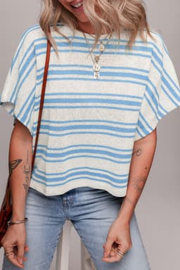 image-Sky Blue Stripe Boxy Fit Wide Sleeve Sweater