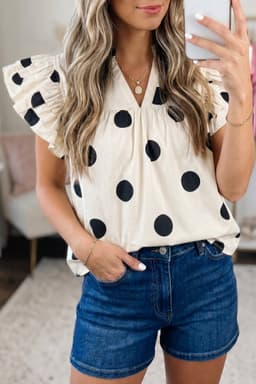 image-Apricot Polka Dot V-Neck Ruffle Short Sleeve Blouse