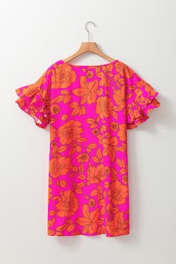 image-Pink Voluminous Ruffled Sleeve Floral Dress