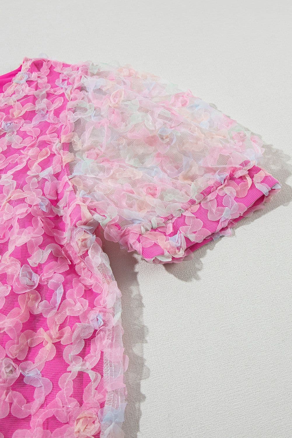 image-Bonbon Flowery Mesh Puff Sleeve Blouse - V-Neck
