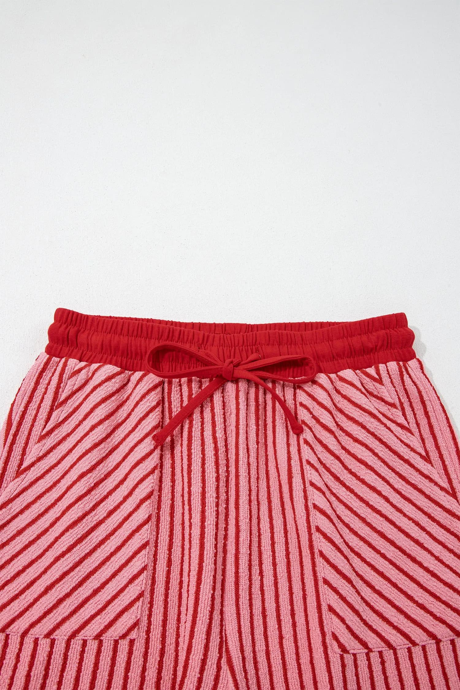 image-Khaki Stripe Crew Neck Tee Drawstring Waist Cropped Pants Set