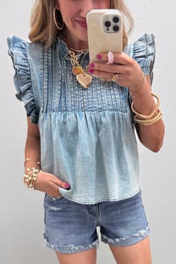 image-Beau Blue Ruffle Pleated Detail Vintage Washed Denim Top
