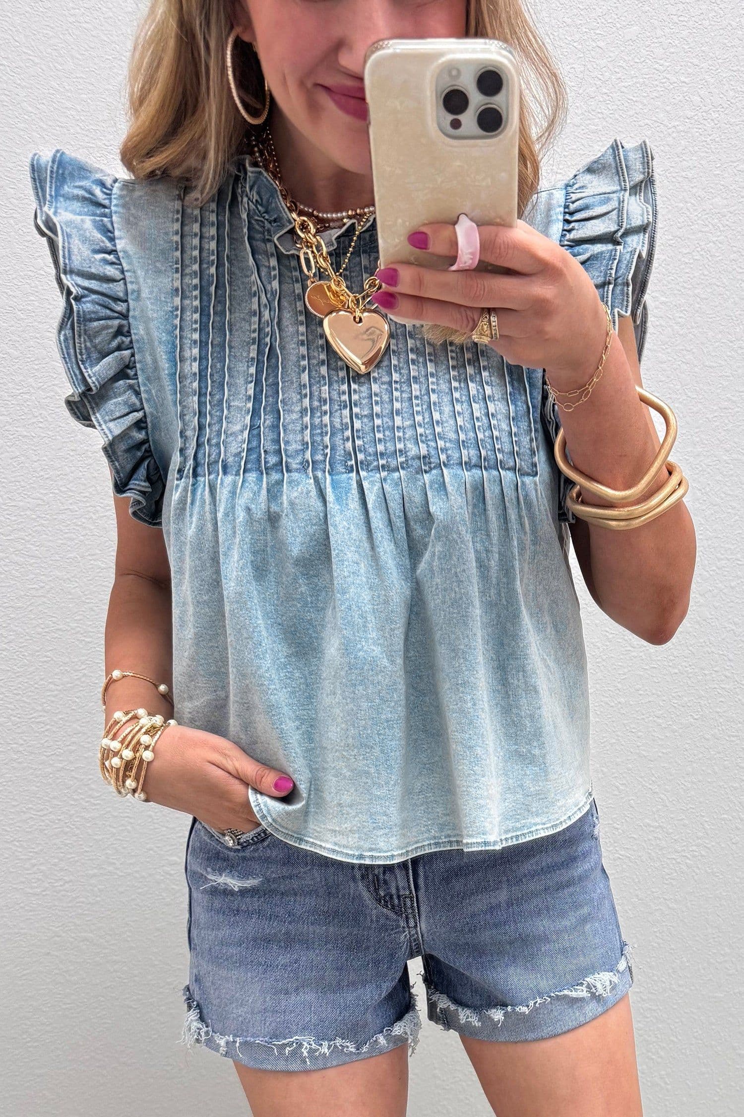 image-Beau Blue Ruffle Pleated Detail Vintage Washed Denim Top