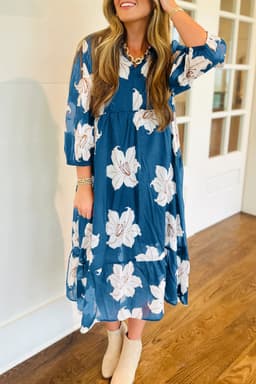 image-Blue Floral Print Shirt Collar V Neck 3/4 Sleeve Shift Midi Dress