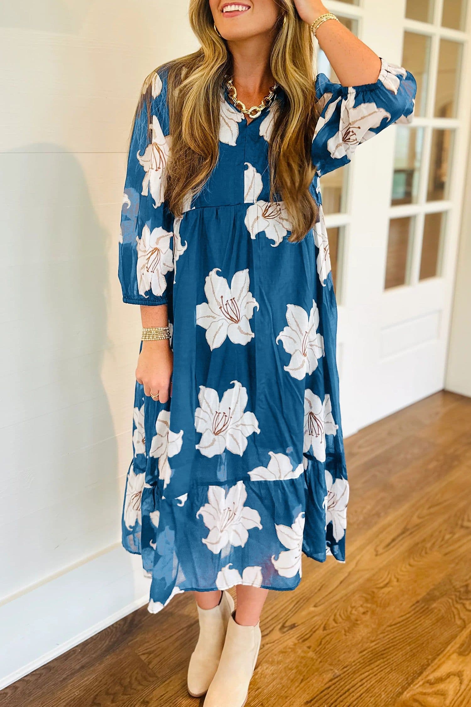 image-Blue Floral Print Shirt Collar V Neck 3/4 Sleeve Shift Midi Dress
