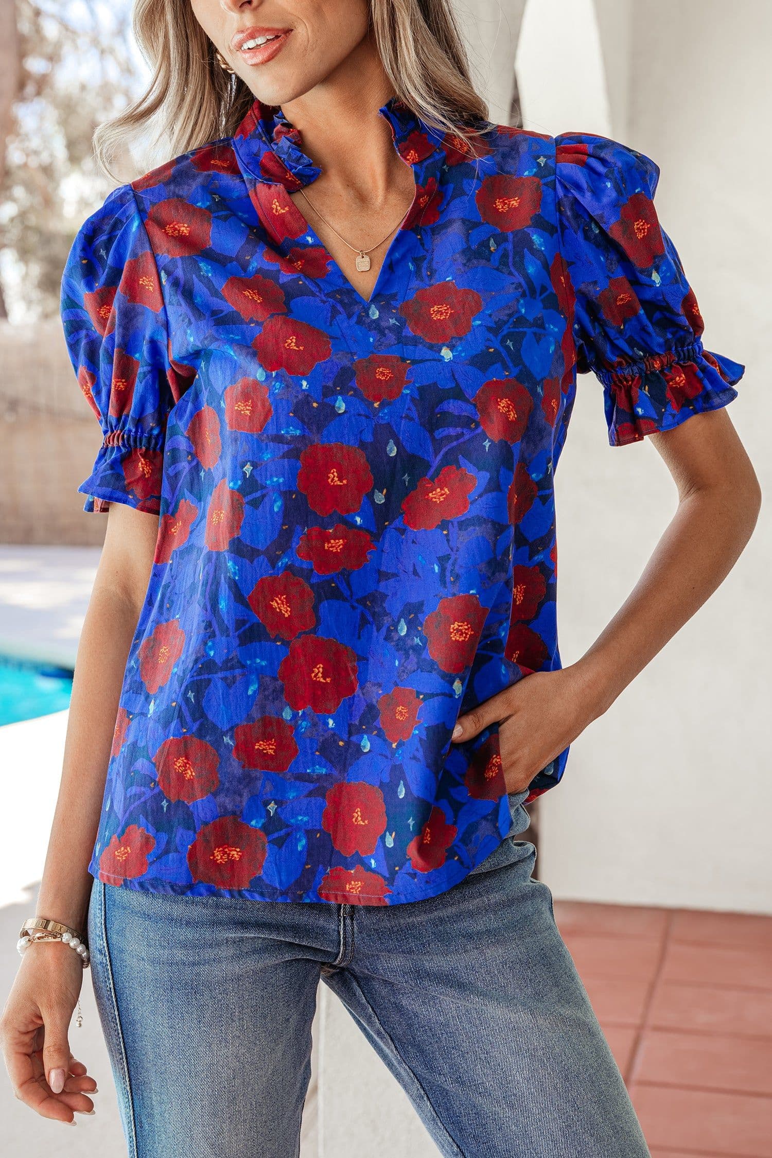 image-Floral Blouse - Blue Ruffled Short Sleeves V Neck Elegant Design