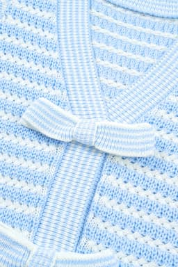 image-Sky Blue Stripe Knit V Neck Bow Sweater