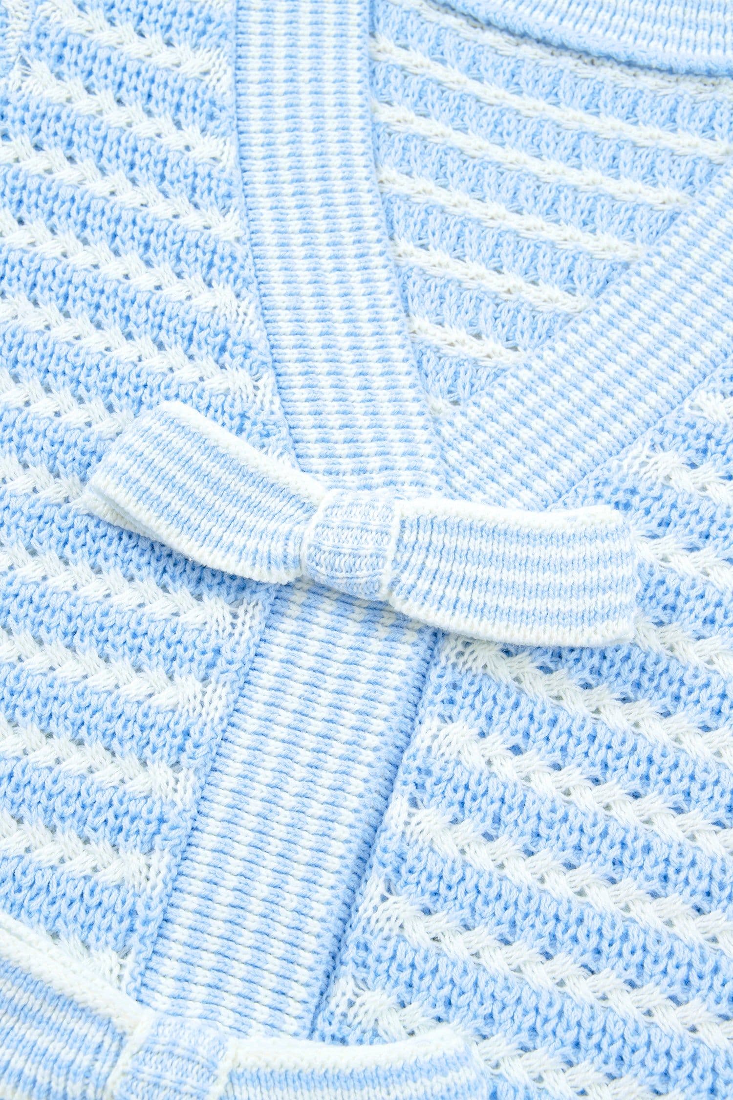 image-Sky Blue Stripe Knit V Neck Bow Sweater