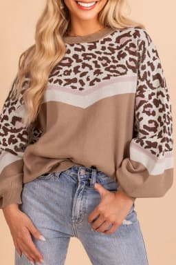 image-Straw Yellow Leopard Color Block Knit Sweater