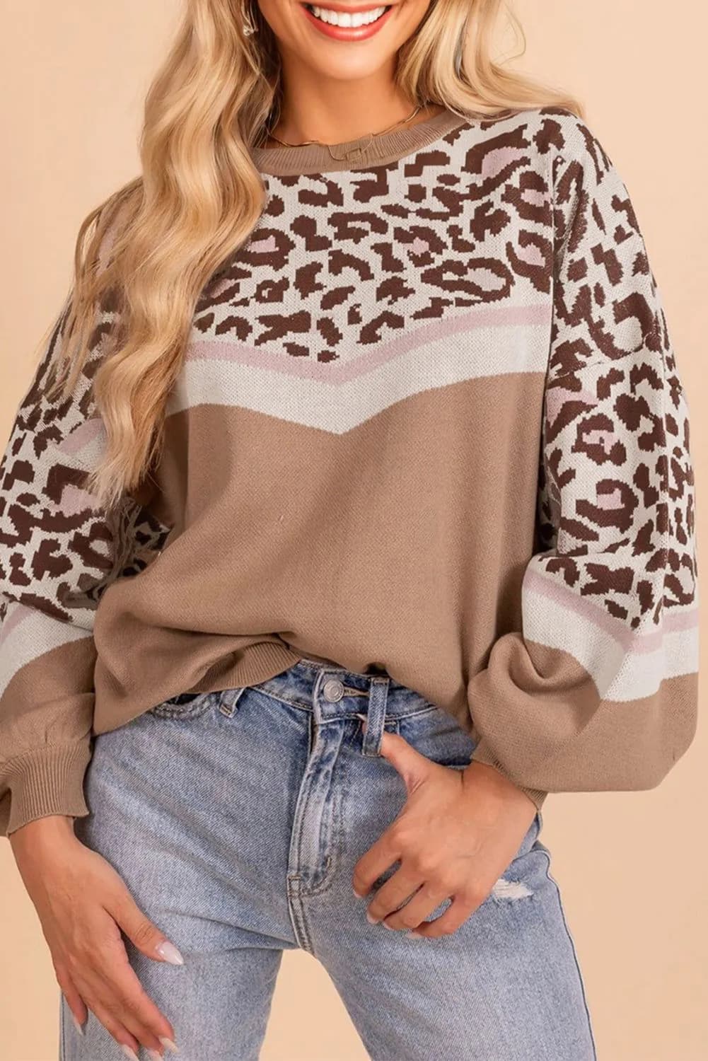 image-Straw Yellow Leopard Color Block Knit Sweater
