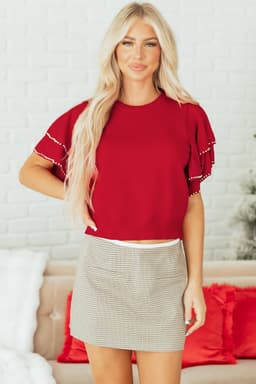 image-Racing Red Pearl Embellished Double Ruffle Sweater