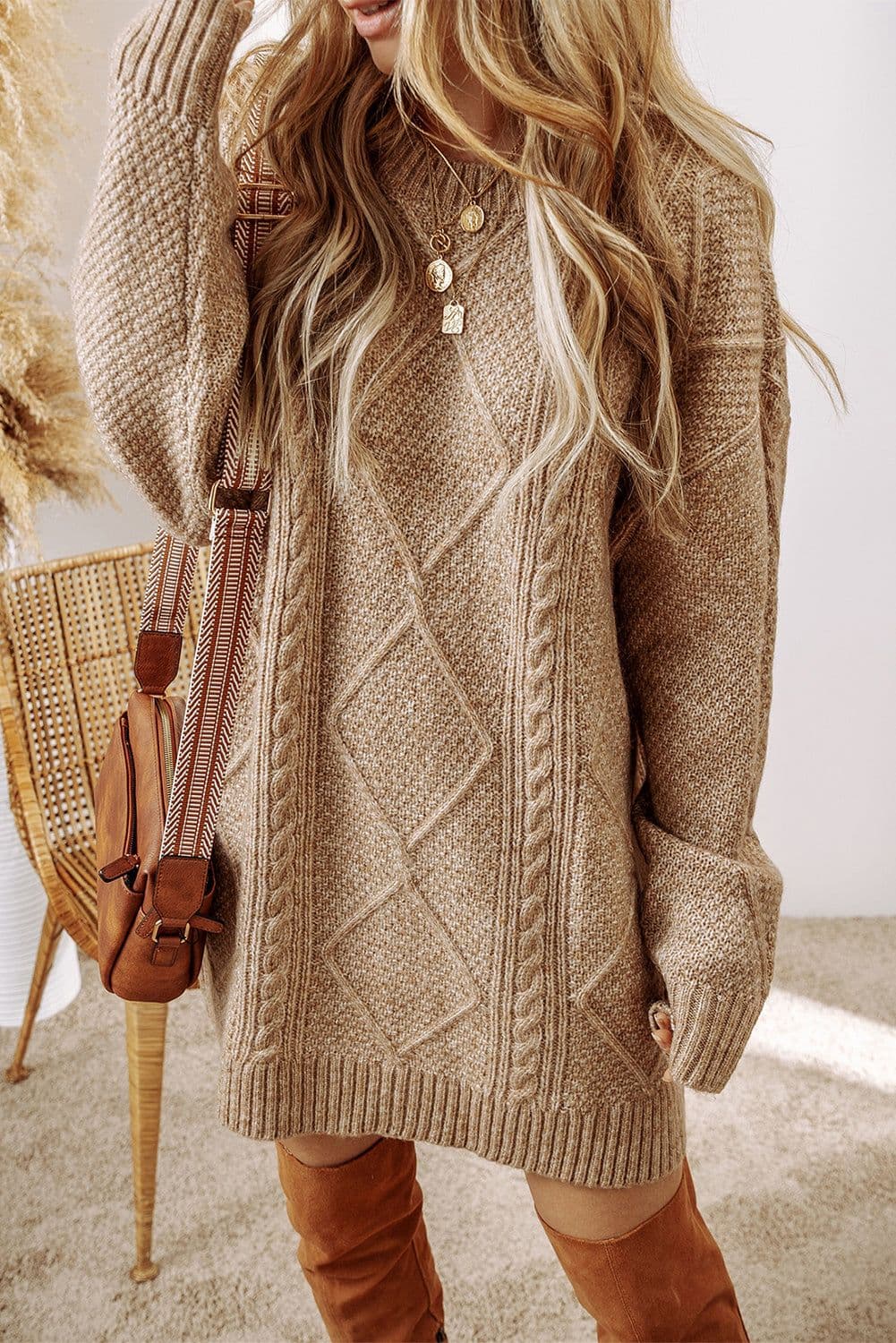 image-Oatmeal Cable Knit Drop Shoulder Loose Fit Sweater Dress