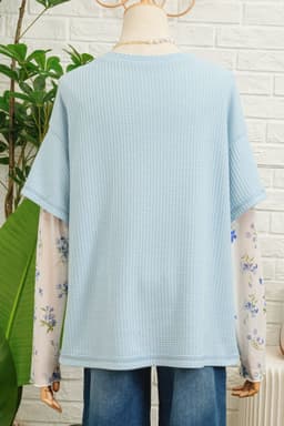 image-Beau Blue Floral Lace Waffle Patchwork Top