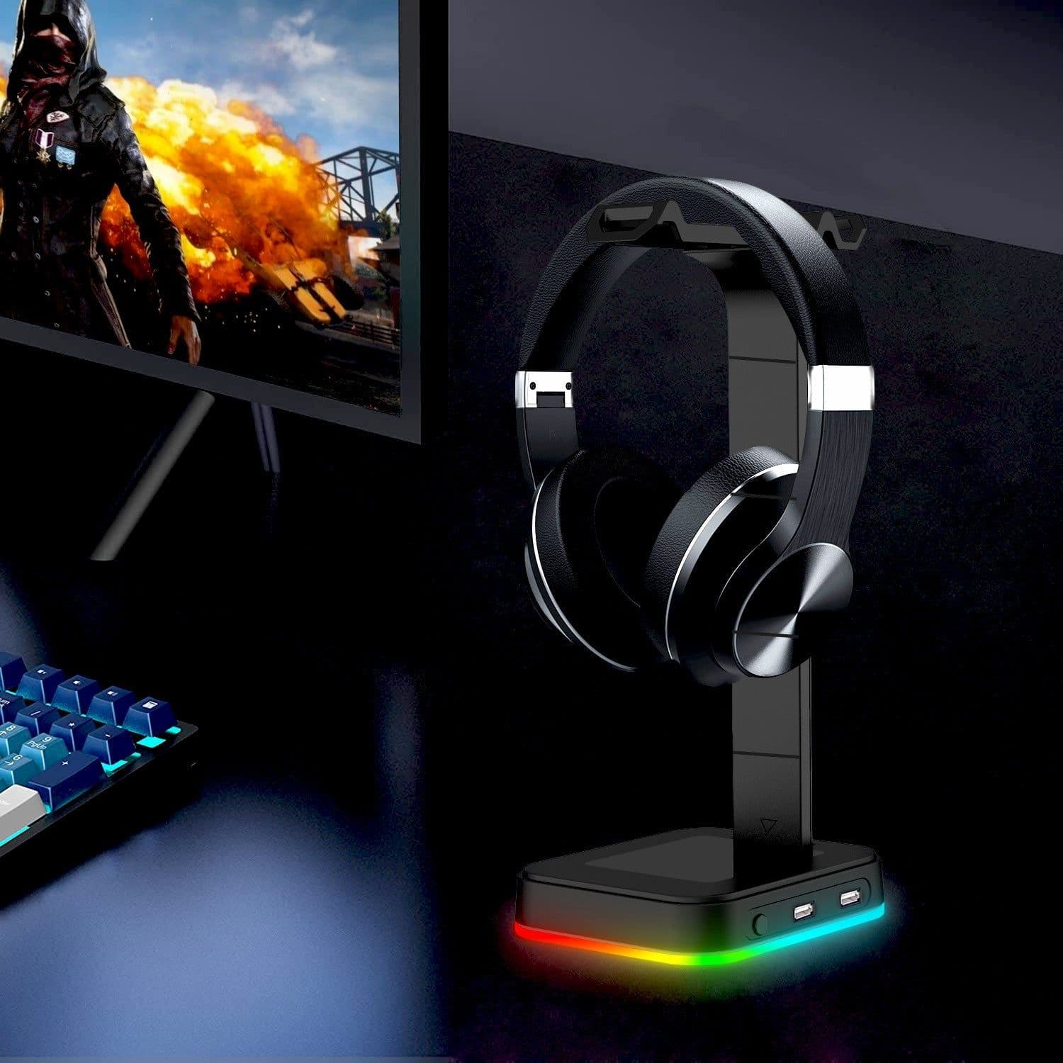 image-Desktop Gamer 2 In 1 RGB Headphone Stand Power Strip