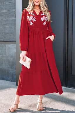image-Racing Red Contrast Embroidered Detail Cinched Waist Tiered Long Sleeve Maxi Dress