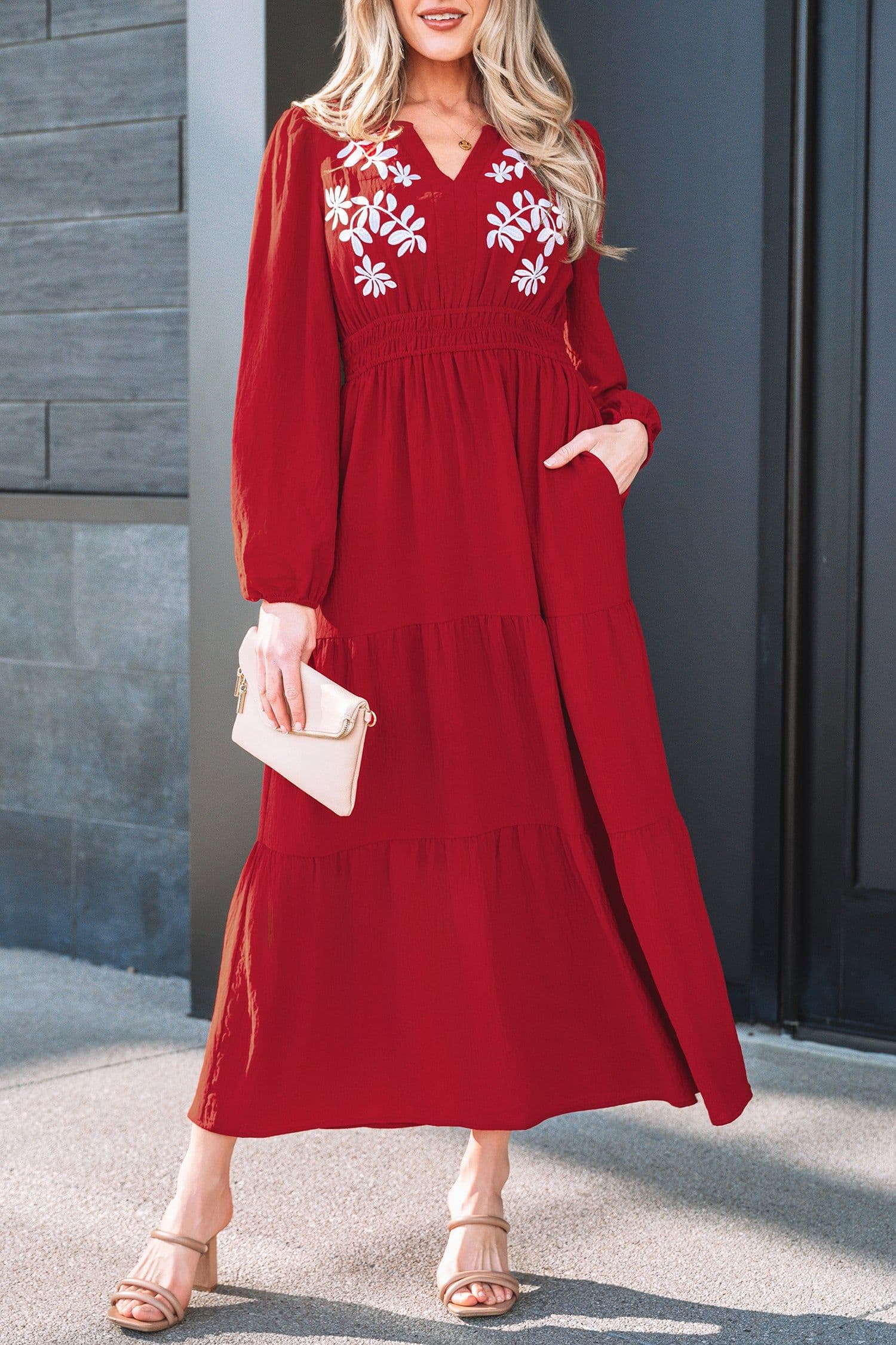 image-Racing Red Contrast Embroidered Detail Cinched Waist Tiered Long Sleeve Maxi Dress
