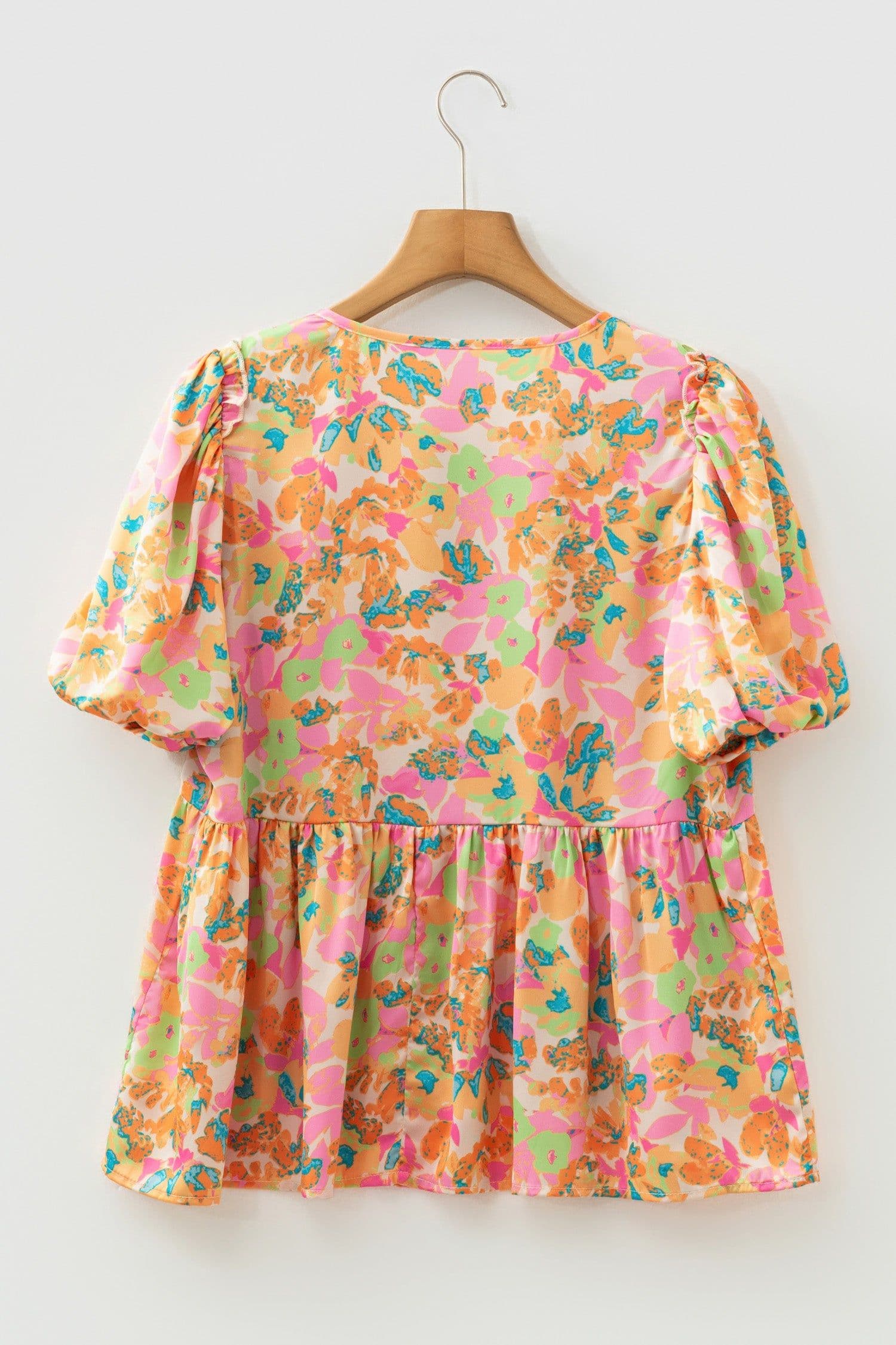 image-Orange Split V Neck Short Sleeve Flower Blouse