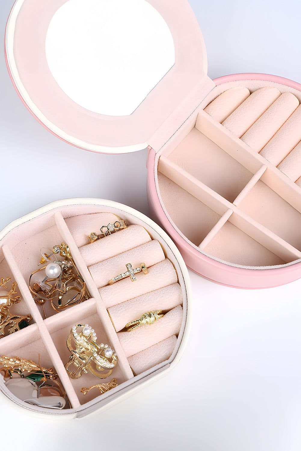 image-Light Pink Jewelry Organizer Case with Mirror - Compact, 11x3.5cm