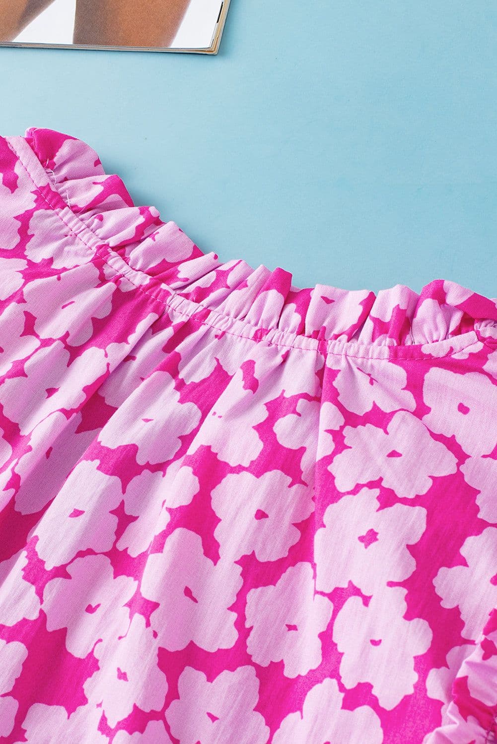 image-Pink Floral Ruffle Sleeve Blouse - Layered Contrast Ric Rac