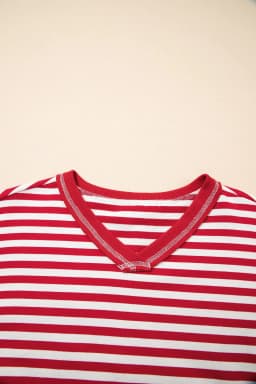 image-Red Stripe V Neck Balloon Sleeve Pullover