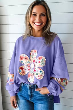 image-Pale Khaki Floral Applique Baggy Pullover Sweatshirt