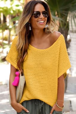 image-Pink Solid Loose Knit Short Dolman Sleeve Sweater