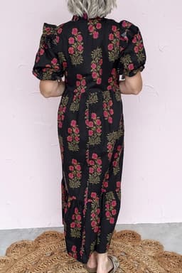 image-Beige Floral Maxi Dress - Short Puff Sleeve
