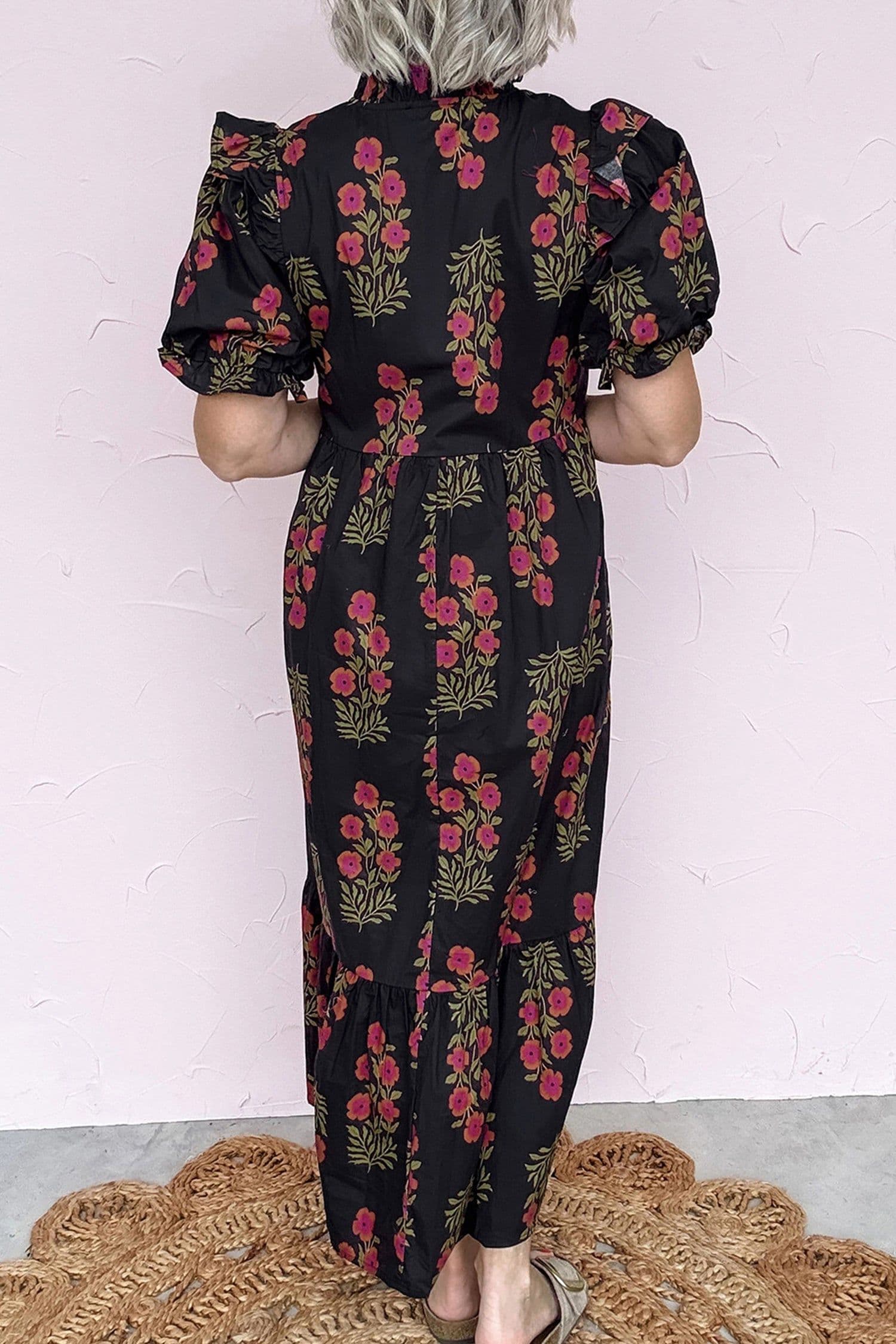 image-Beige Floral Maxi Dress - Short Puff Sleeve