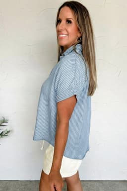 image-Sky Blue Stripe Short Sleeve Button Up Shirt