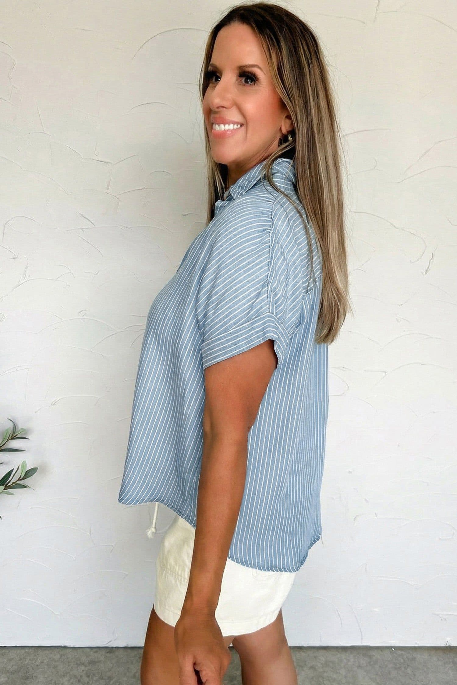 image-Sky Blue Stripe Short Sleeve Button Up Shirt