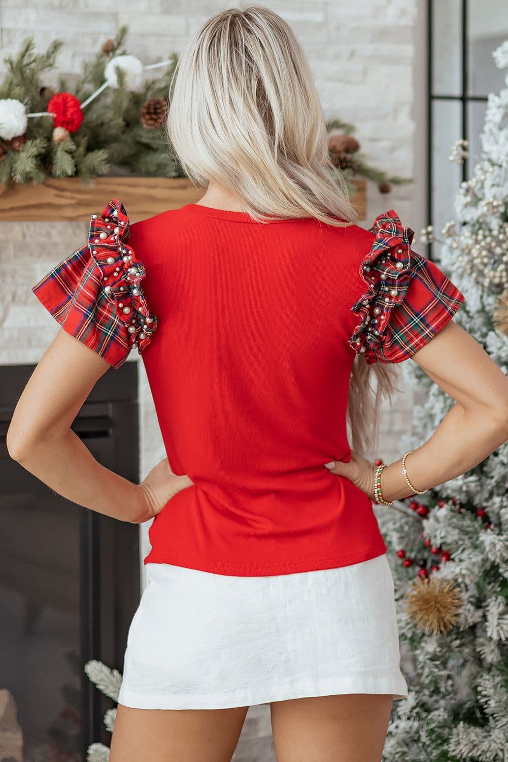 image-Black Plaid Ruffle Short Sleeve T-Shirt Pearl