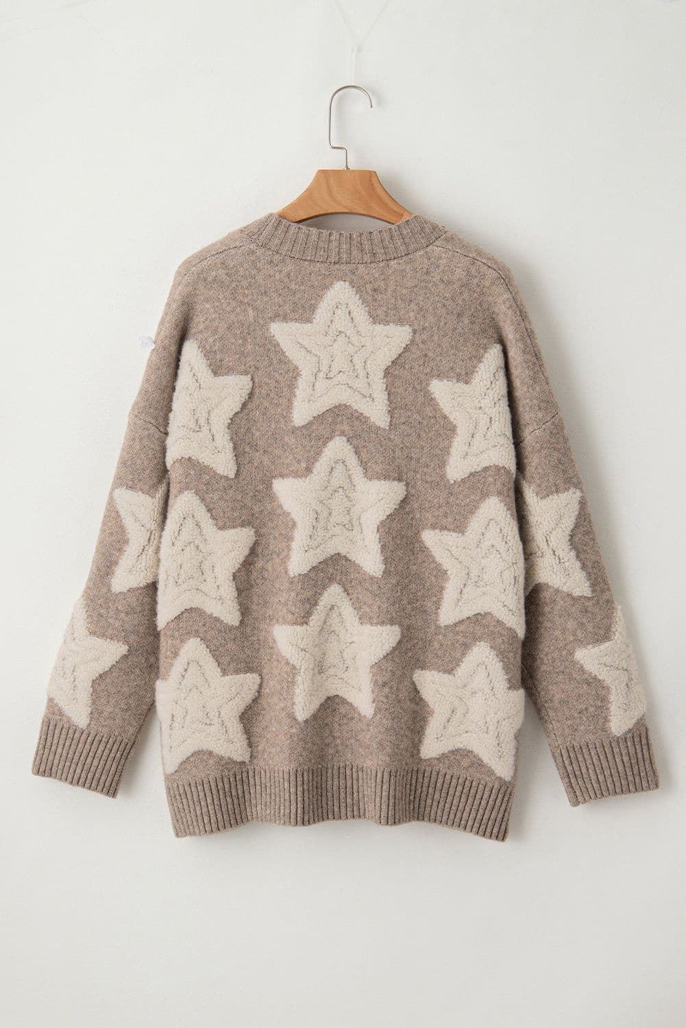 image-Sherpa Star Pattern Textured Cardigan - Khaki with Pockets