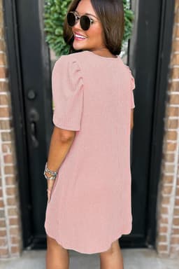 image-Bright Pink Corded Knit Puff Sleeve Mini Dress