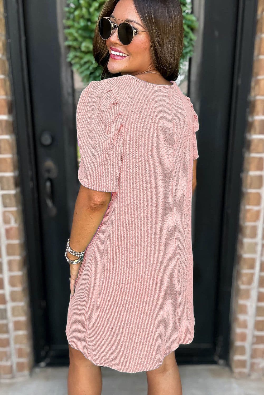 image-Bright Pink Corded Knit Puff Sleeve Mini Dress