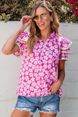 image-Pink Floral Ruffle Sleeve Blouse - Layered Contrast Ric Rac