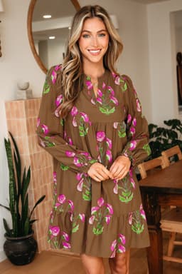 image-Brown Floral Print Babydoll Tunic Dress Puff Sleeve