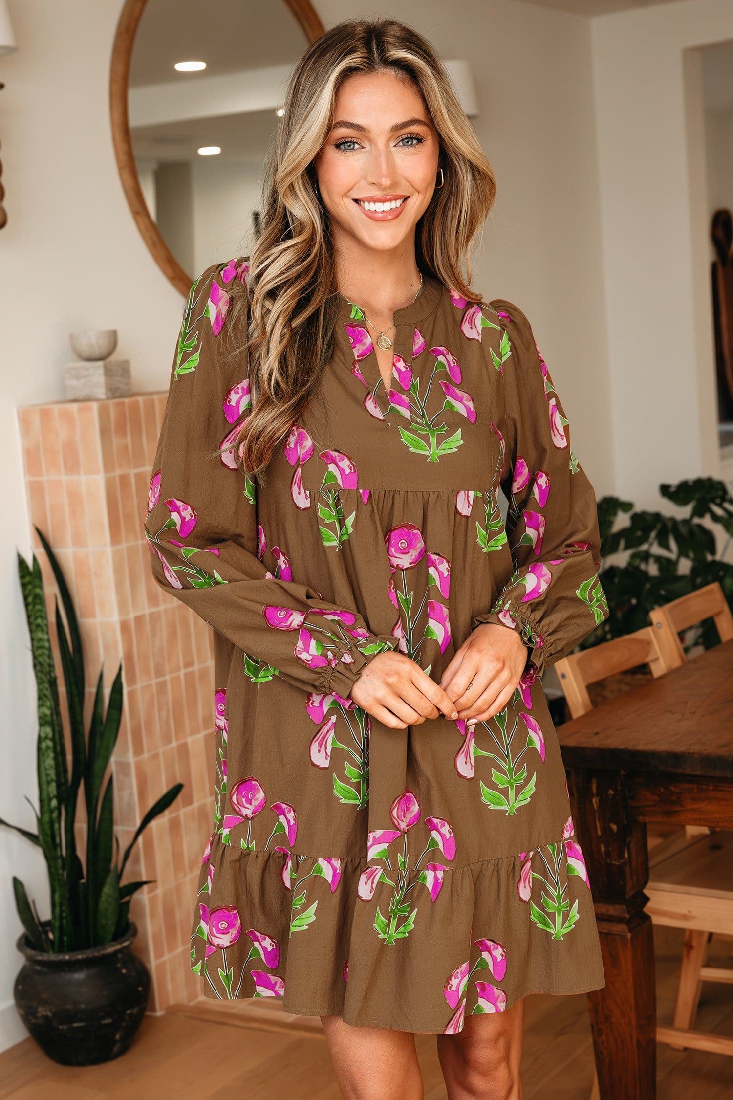 image-Brown Floral Print Babydoll Tunic Dress Puff Sleeve