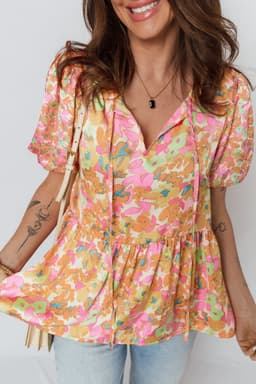 image-Orange Split V Neck Short Sleeve Flower Blouse