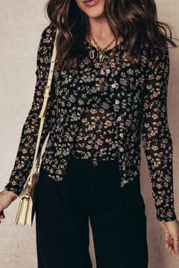 image-Black Floral Print Mesh Tank Button Front Slim Cardigan 2pcs Set