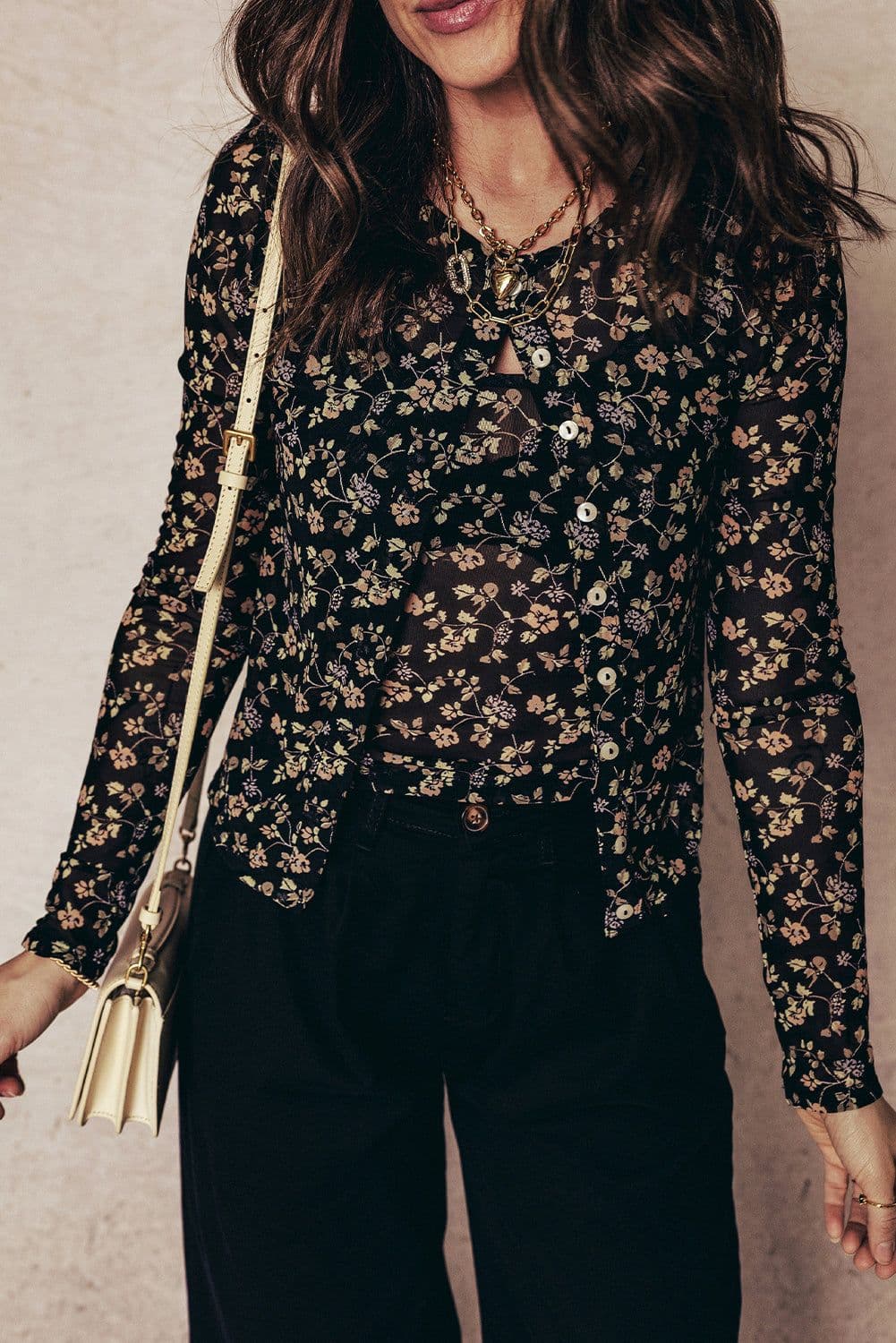 image-Black Floral Print Mesh Tank Button Front Slim Cardigan 2pcs Set