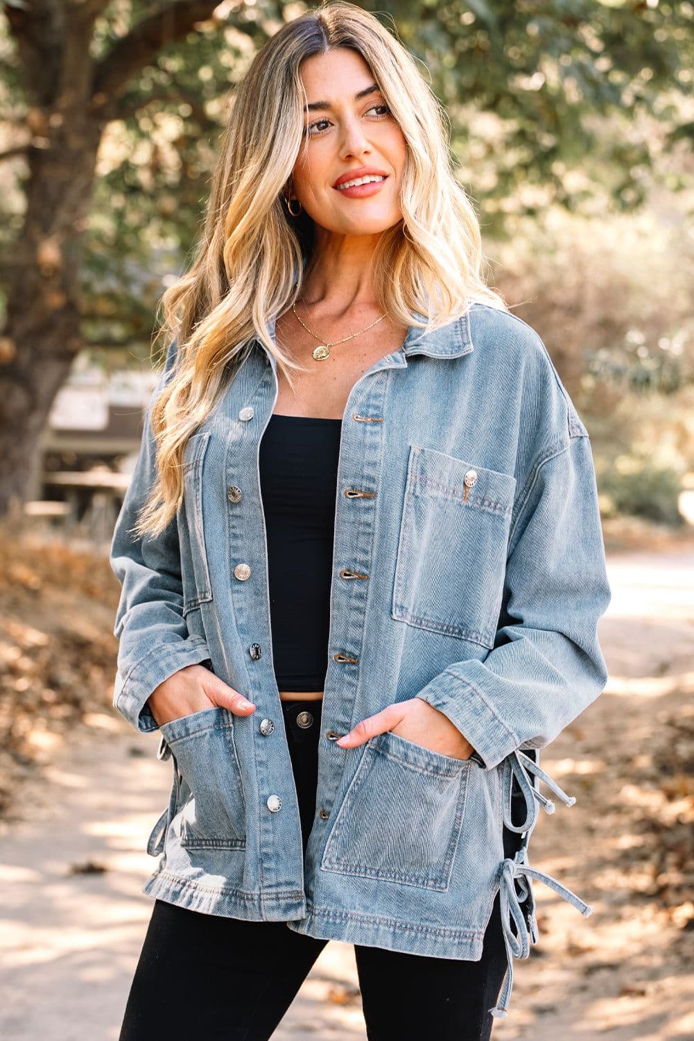 image-Beau Blue Patched Boyfriend Denim Jacket - Side Tie