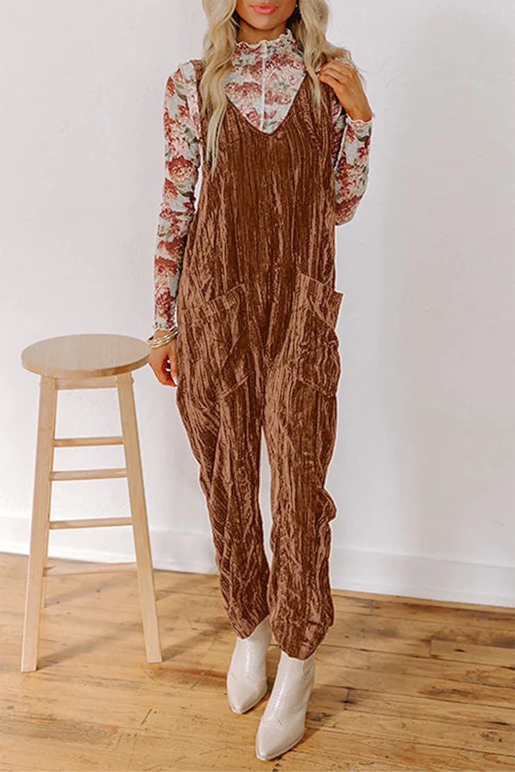 image-Chicory Coffee Velvet Jumpsuit Adjustable Straps