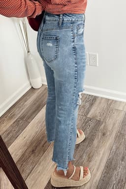 image-Myosotis Ripped Knee Fit Flare Jeans - Raw Hem