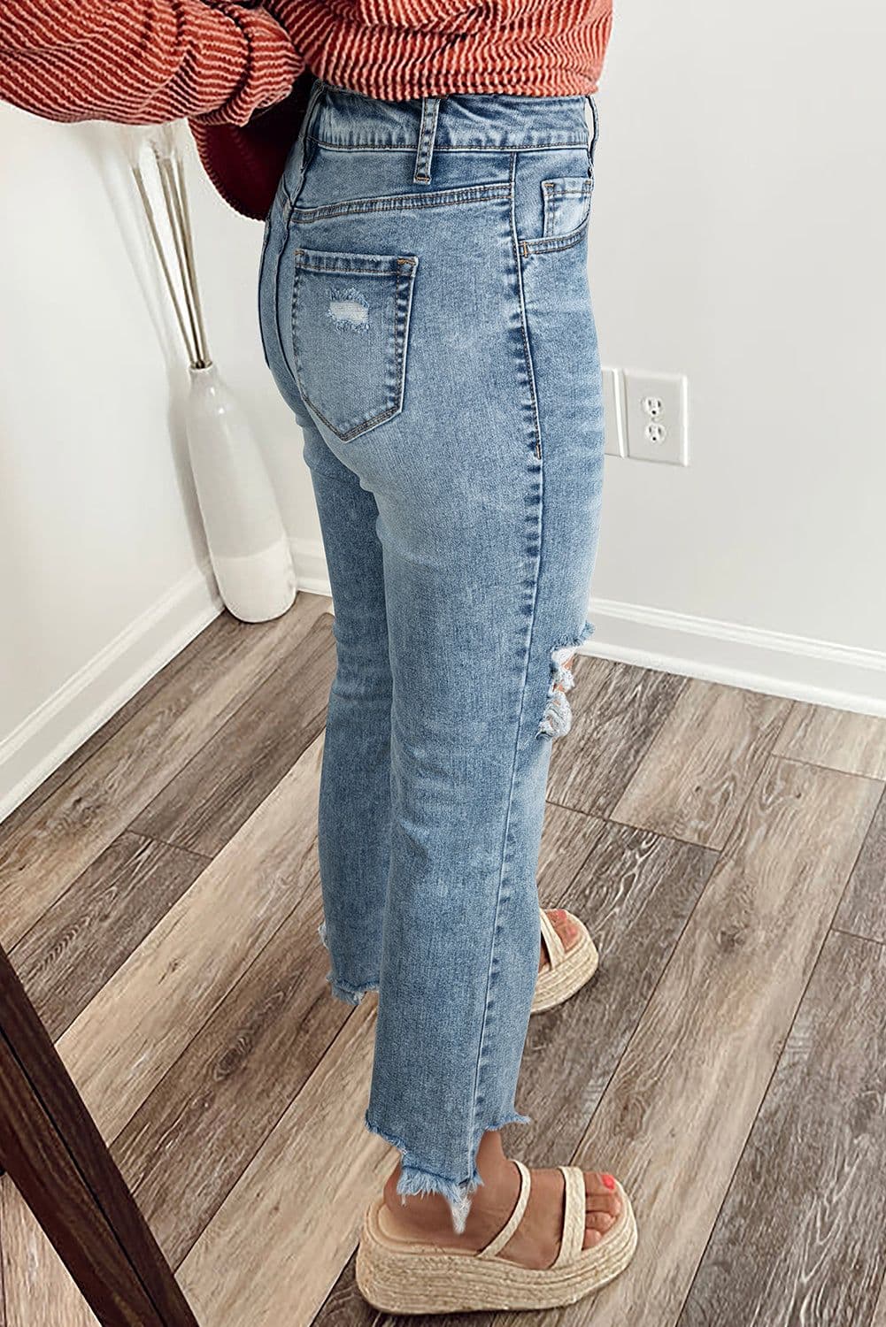 image-Myosotis Ripped Knee Fit Flare Jeans - Raw Hem