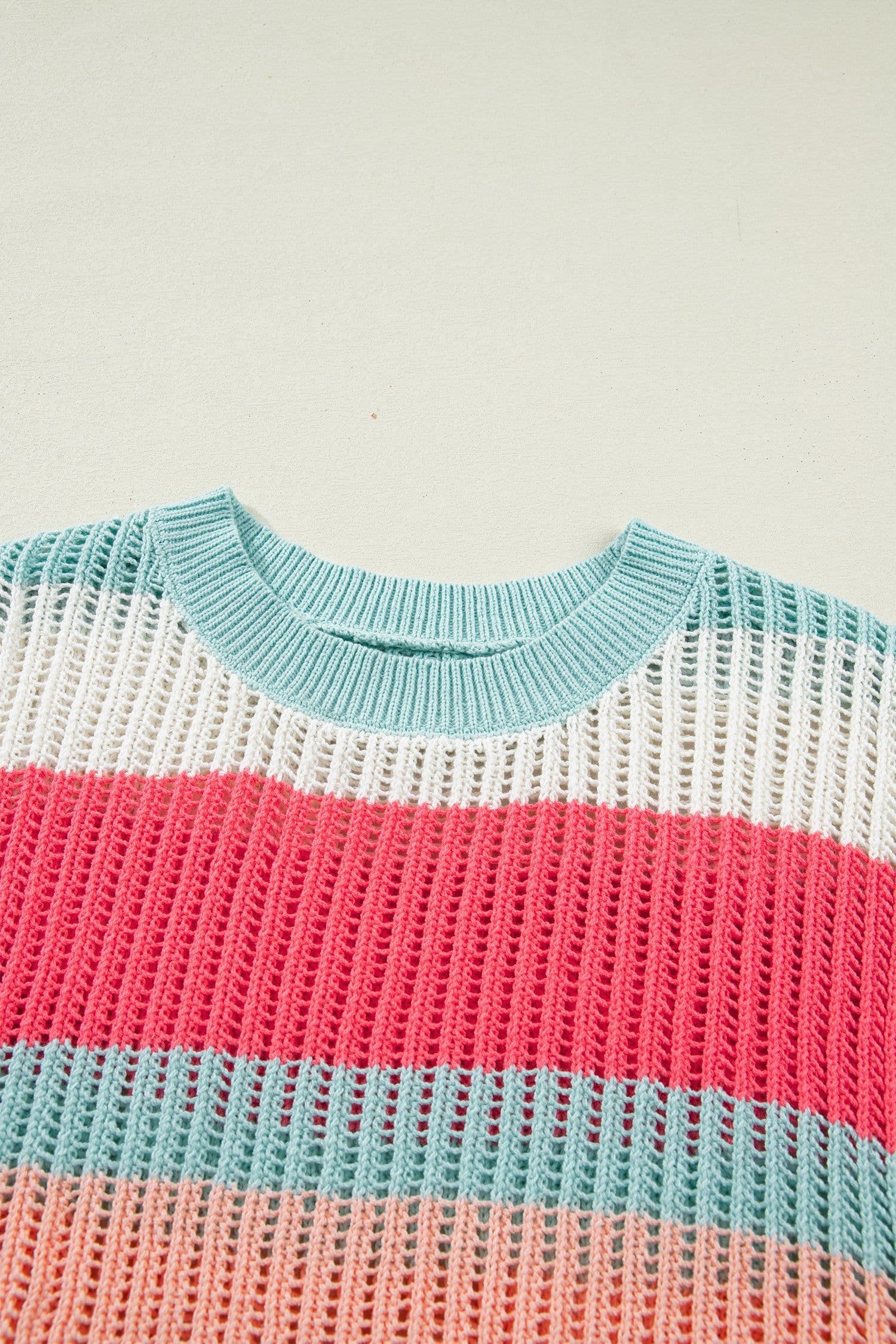 image-Green Stripe Color Block Hollow Out Knit Short Sleeve Sweater