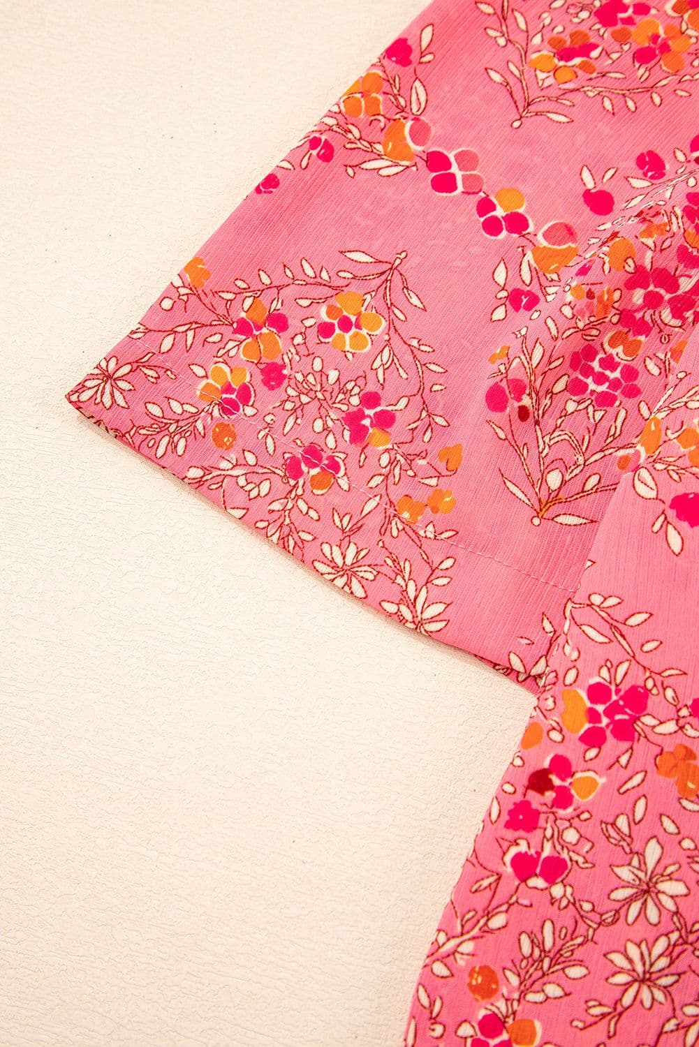 image-Rose Red Floral Print Shirt - Wide Short Sleeve Loose