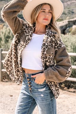 image-Brown Sherpa Leopard Print Jacket