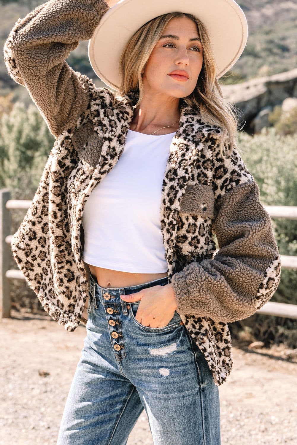 image-Brown Sherpa Leopard Print Jacket